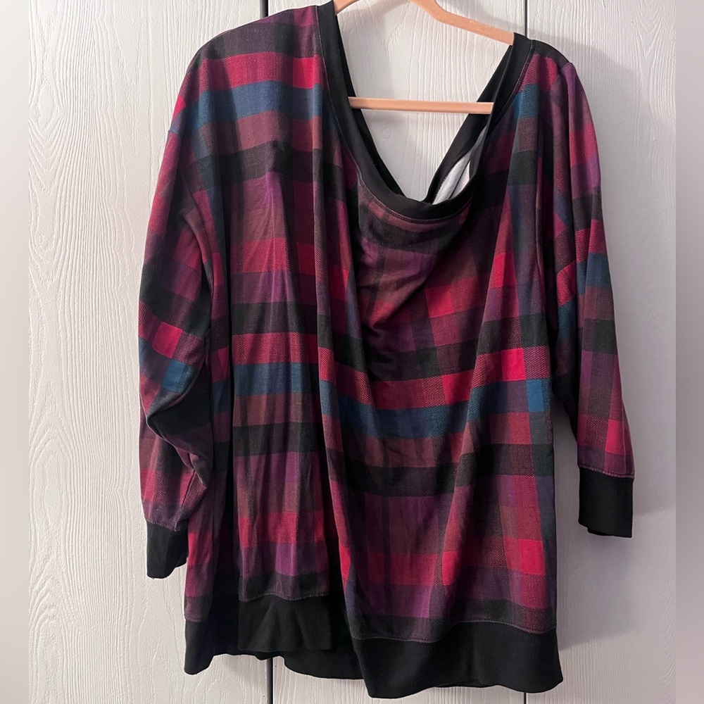 Torrid Red and Black Plaid Off One Shoulder Shirt